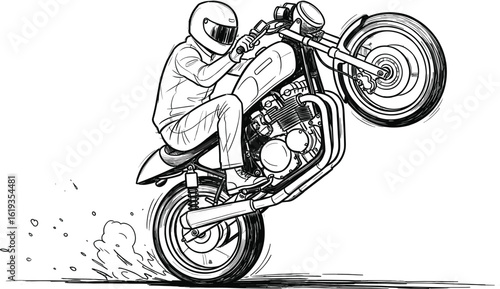 Stylized drawing of a biker performing a wheelie on a classic motorcycle