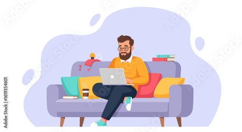 Man working from home on laptop, relaxing on sofa. Perfect for website banners, blogs, and articles about remote work.