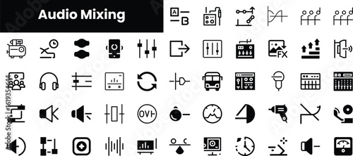 A collection of minimalist black icons depicting various tools and elements related to audio mixing, set against a clean, white background.
