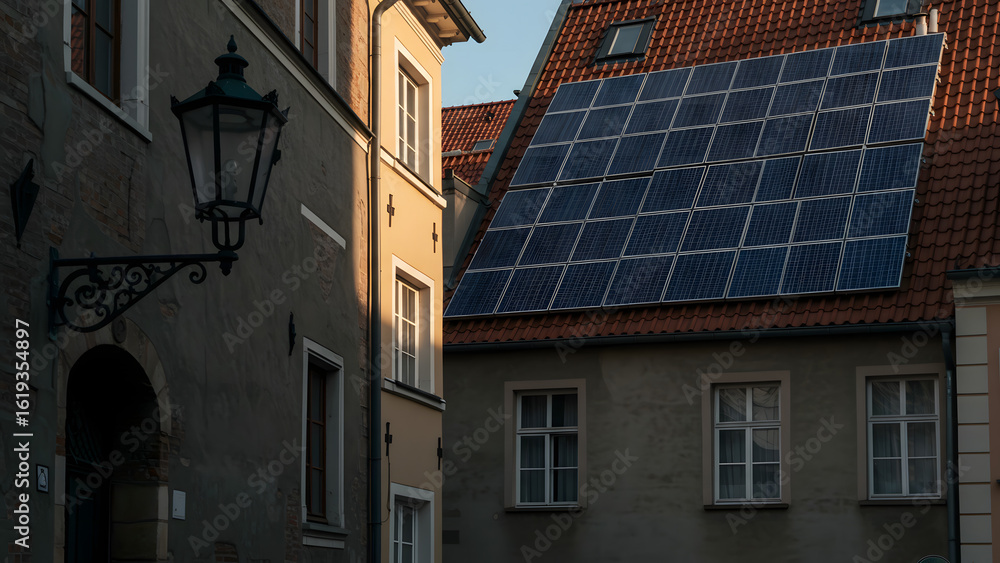 Fototapeta premium Solar panels installed on the roof of a historic European building, showing the union of old architecture and renewable energy.