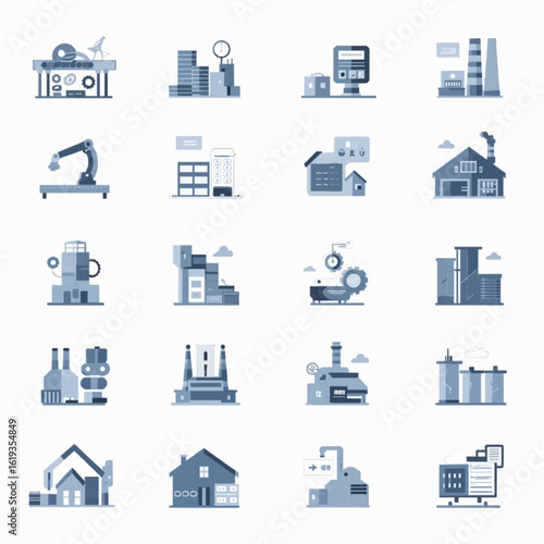 A set of modern industry-themed vector icons, covering manufacturing, logistics, machinery, production, energy, and factory technology