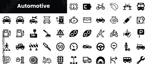 A collection of automotive icons representing various aspects of transportation, from vehicles to traffic signs, ideal for design and informational projects.