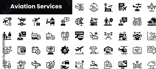 A diverse collection of black and white icons representing various aviation services, highlighting elements like aircraft, helicopters, and transportation logistics.