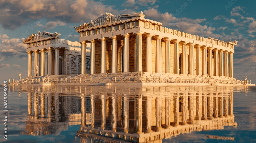 Fototapeta premium Grand marble structure reflects in tranquil waters under a sky streaked with pale clouds