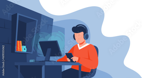 Person working from home, using computer and phone.  Perfect for blogs, websites, and articles about remote work.