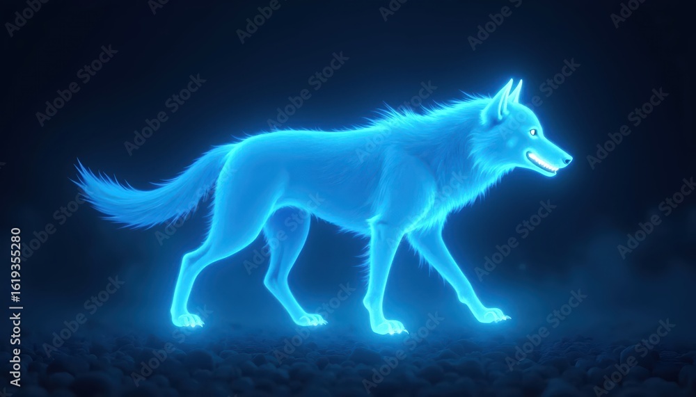 Fototapeta premium Mystical Blue Spirit Wolf Walking Through A Dark Void