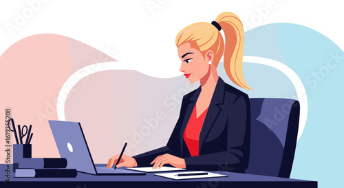 Stylish businesswoman working on laptop, perfect for business websites, brochures, and presentations.