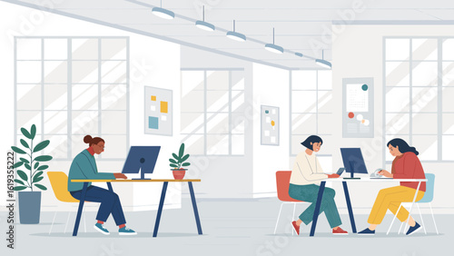 Diverse team collaborating in a modern, bright office. Ideal for websites, brochures, and presentations on teamwork and productivity.