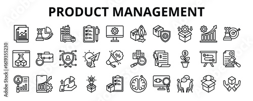 30 Product Management Line Icons Vector - planning, development, promotion, monitoring, inventory, sales, customer research