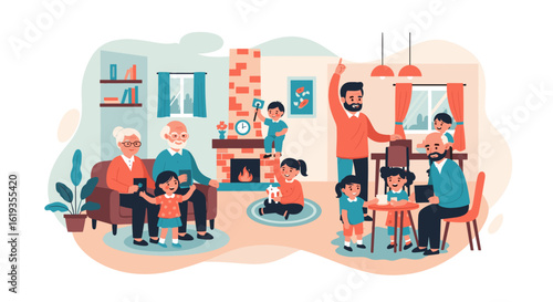Happy multigenerational family at home, perfect for family blogs, websites, or brochures.