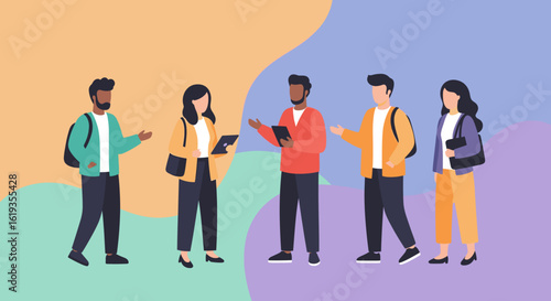 Diverse group of young adults collaborating and using tablets, ideal for teamwork, education, or technology marketing materials.