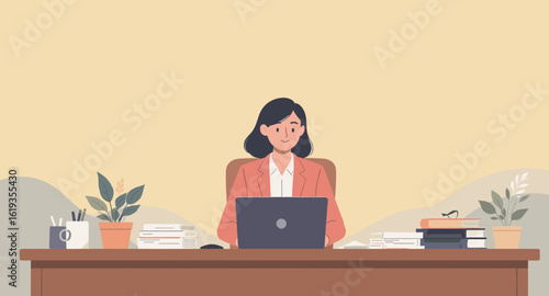 Happy businesswoman working on laptop at her desk, perfect for website banners or blog posts about work-life balance.