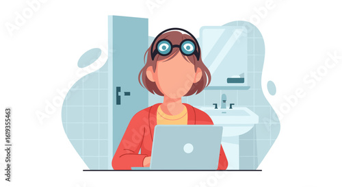 Faceless woman working on laptop in bathroom, perfect for illustrating remote work, flexibility, or work-life balance.