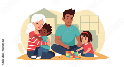 Happy multiracial family playing together at home, perfect for family blogs or children's product websites.
