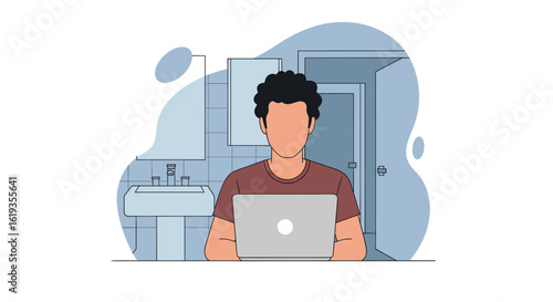 Man working on laptop in bathroom - illustration for remote work, work from home, or flexible work articles.