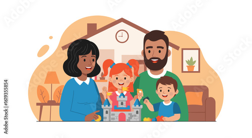 Happy family playing with building blocks at home. Perfect for blogs, websites, or brochures about family, home, and childhood.