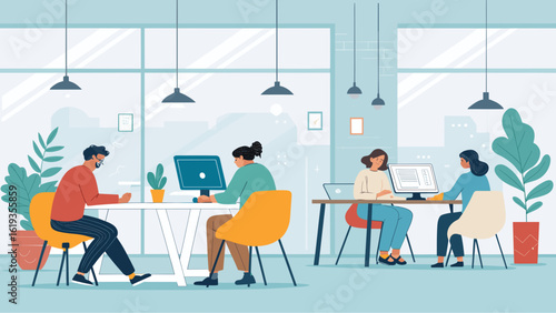 Diverse team collaborating in a modern, bright office space. Ideal for websites, brochures, and presentations on teamwork and productivity.