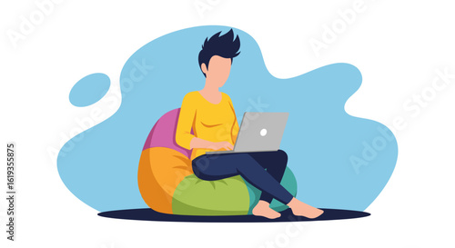 Person working on laptop from beanbag chair, perfect for remote work, freelance, or online business illustrations.