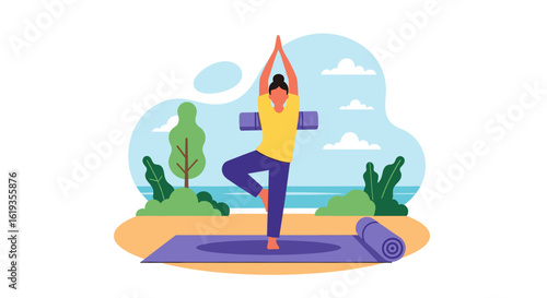 Woman practicing yoga on the beach, perfect for wellness websites or brochures.