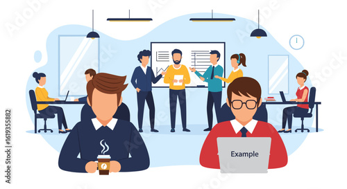 Diverse team collaborating in a modern office, perfect for website banners or business presentations.