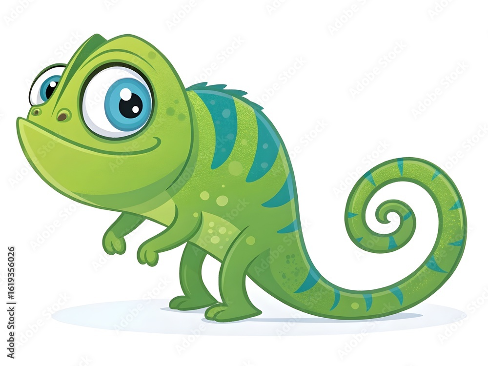 Obraz premium Cute cartoon green chameleon with big blue eyes and a curly tail