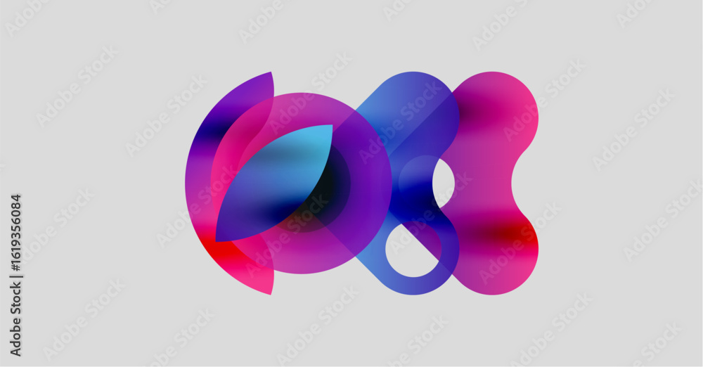 Fototapeta premium Abstract colorful shapes overlap, creating vibrant visual effect. Soft gradients blend pinks, blues, purples on light gray background.