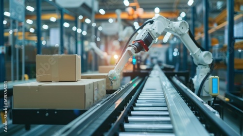 Wallpaper Mural Automated Packaging: Robotic Arm Precision in Logistics Processing Facility Torontodigital.ca