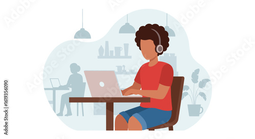 Young man working on laptop in a cafe, perfect for websites or blog posts about remote work, freelancing, or co-working spaces.