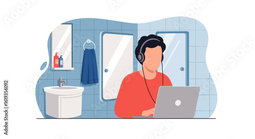 Person working on laptop in bathroom, perfect for articles about remote work, work-life balance, or modern lifestyles.