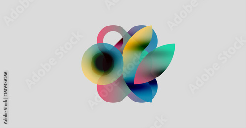 Abstract colorful shapes overlap, creating dynamic visual composition. Soft gradients blend hues, forming fluid forms. Light background enhances vibrancy.