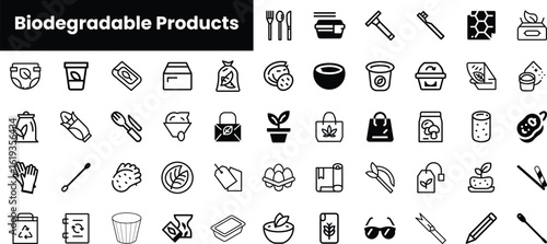 A collection of black and white icons representing various biodegradable products, showcasing eco-friendly alternatives for everyday items.