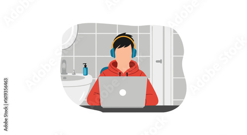 Person working on laptop in bathroom, ideal for articles on remote work, work-life balance, or modern lifestyles.