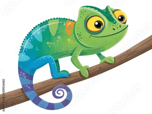 Cute cartoon chameleon with colorful patterned body perched on a branch