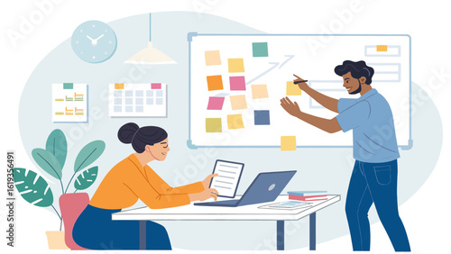 Diverse colleagues collaborating on a project, perfect for illustrating teamwork and brainstorming sessions in business presentations or websites.