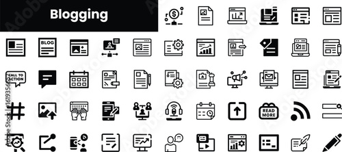 A collection of blogging-related icons showcasing various digital tools and strategies, ideal for editors and content creators seeking visual representation.