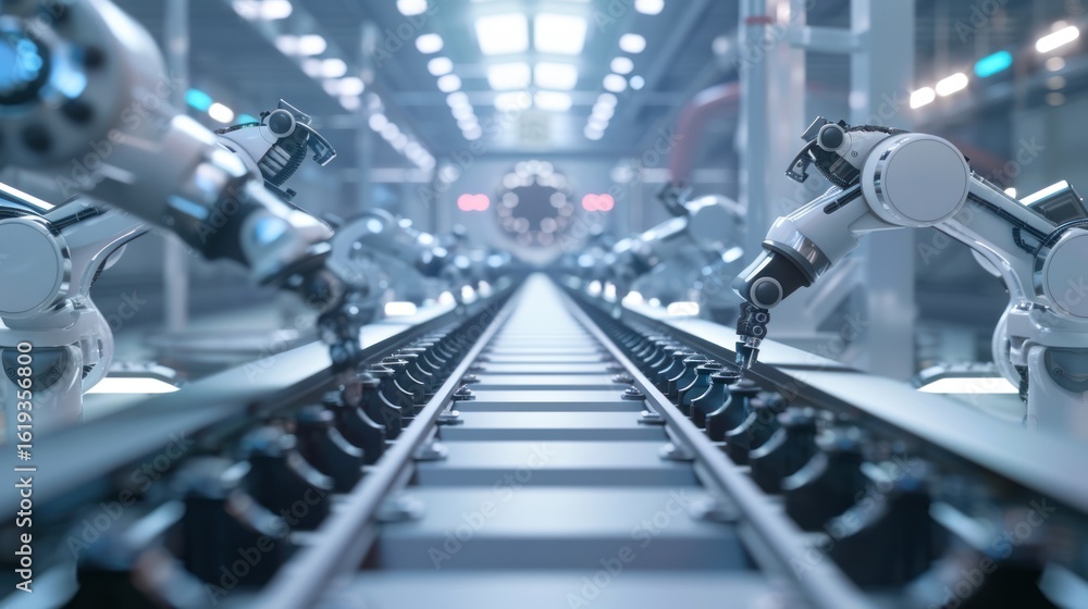Fototapeta premium Futuristic factory assembly line with robotic arms in operation, automated process