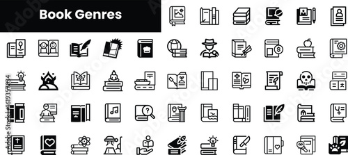A diverse collection of black and white icons representing various book genres, showcasing creativity and literary diversity through playful illustrations.