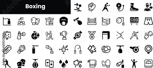 A dynamic collection of boxing-themed icons showcasing various elements of the sport, including gloves, rings, and training equipment. Perfect for sports enthusiasts.