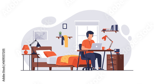 Young man working from home, perfect for illustrating remote work, online learning, or freelancing concepts.