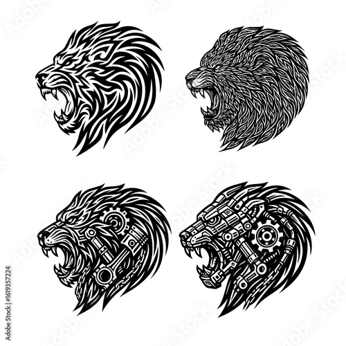 Set of Roaring Lion Head Designs – Tribal and Mecha Style Vector Illustration