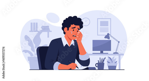 Illustration of a stressed man crying at his desk, perfect for articles on burnout or mental health in the workplace.