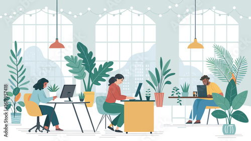 Modern co-working space illustration, perfect for website banners or brochures.