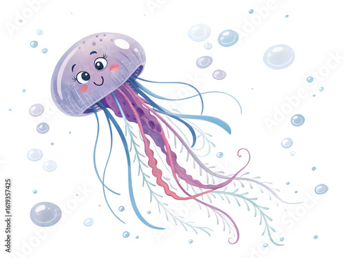 Cute cartoon jellyfish with a happy face swimming in dark water with bubbles