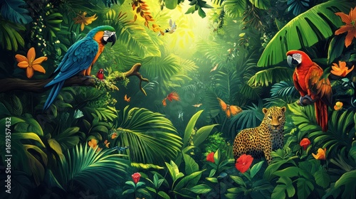 Fototapeta Naklejka Na Ścianę i Meble -  Lush rainforest scene with vibrant parrots and a jaguar
