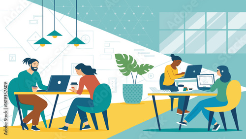 Diverse team collaborating in a modern co-working space; ideal for website banners or business brochures.