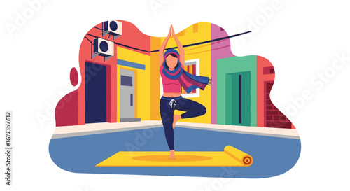 Woman practicing yoga outdoors in a vibrant city setting. Perfect for wellness blogs, fitness websites, or travel brochures.