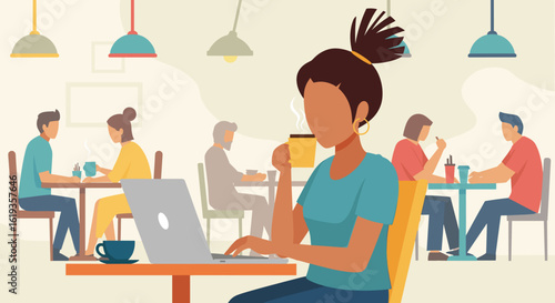 Woman working on laptop in a cafe, ideal for websites and blog posts about remote work, coworking spaces, or coffee shop culture.