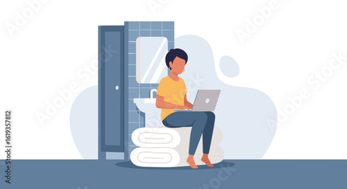 Woman working on laptop in bathroom, perfect for articles on work-life balance or remote work.