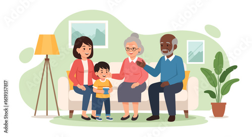 Happy multigenerational family sitting on a couch, perfect for family, togetherness, and generational themes.