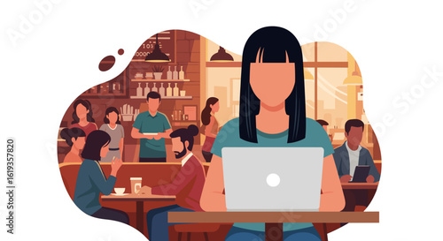 Woman working on laptop in a busy cafe, ideal for blog posts about remote work or coffee shop culture.
